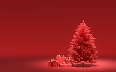 Yerde hediye kutuları ve kırmızı odada tek renkli tek renk, koyu kırmızı renk, 3D renkte, noel arifesi oda dekorasyonu ve fotokopi alanı.