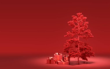 Yerde hediye kutuları ve kırmızı odada tek renkli tek renk, koyu kırmızı renk, 3D renkte, noel arifesi oda dekorasyonu ve fotokopi alanı.