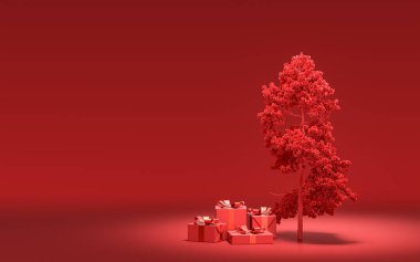 Yerde hediye kutuları ve kırmızı odada tek renkli tek renk, koyu kırmızı renk, 3D renkte, noel arifesi oda dekorasyonu ve fotokopi alanı.