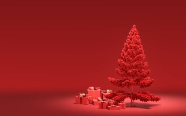Yerde hediye kutuları ve kırmızı odada tek renkli tek renk, koyu kırmızı renk, 3D renkte, noel arifesi oda dekorasyonu ve fotokopi alanı.