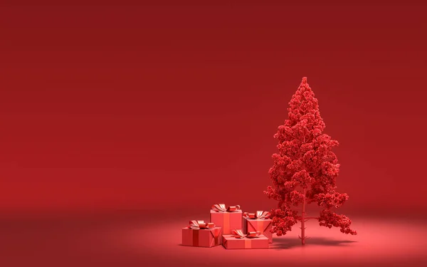 Dárkové Krabice Zemi Jednolůžkový Vánoční Stromeček Monochromní Pevnou Červenou Barvou — Stock fotografie