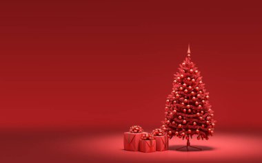 Yerde hediye kutuları ve kırmızı odada tek renkli tek renk, koyu kırmızı renk, 3D renkte, noel arifesi oda dekorasyonu ve fotokopi alanı.