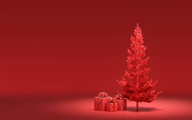 Yerde hediye kutuları ve kırmızı odada tek renkli tek renk, koyu kırmızı renk, 3D renkte, noel arifesi oda dekorasyonu ve fotokopi alanı.