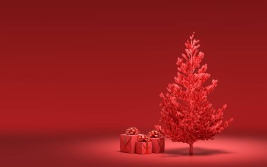 Yerde hediye kutuları ve kırmızı odada tek renkli tek renk, koyu kırmızı renk, 3D renkte, noel arifesi oda dekorasyonu ve fotokopi alanı.