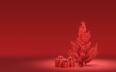 Yerde hediye kutuları ve kırmızı odada tek renkli tek renk, koyu kırmızı renk, 3D renkte, noel arifesi oda dekorasyonu ve fotokopi alanı.