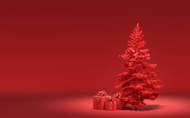 Yerde hediye kutuları ve kırmızı odada tek renkli tek renk, koyu kırmızı renk, 3D renkte, noel arifesi oda dekorasyonu ve fotokopi alanı.