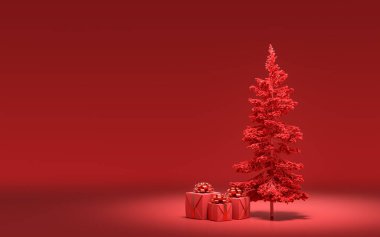 Yerde hediye kutuları ve kırmızı odada tek renkli tek renk, koyu kırmızı renk, 3D renkte, noel arifesi oda dekorasyonu ve fotokopi alanı.