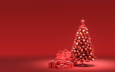 Yerde hediye kutuları ve kırmızı odada tek renkli tek renk, koyu kırmızı renk, 3D renkte, noel arifesi oda dekorasyonu ve fotokopi alanı.