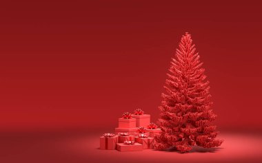 Yerde hediye kutuları ve kırmızı odada tek renkli tek renk, koyu kırmızı renk, 3D renkte, noel arifesi oda dekorasyonu ve fotokopi alanı.