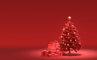 Yerde hediye kutuları ve kırmızı odada tek renkli tek renk, koyu kırmızı renk, 3D renkte, noel arifesi oda dekorasyonu ve fotokopi alanı.