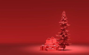 Yerde hediye kutuları ve kırmızı odada tek renkli tek renk, koyu kırmızı renk, 3D renkte, noel arifesi oda dekorasyonu ve fotokopi alanı.