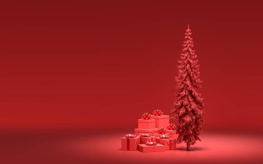 Yerde hediye kutuları ve kırmızı odada tek renkli tek renk, koyu kırmızı renk, 3D renkte, noel arifesi oda dekorasyonu ve fotokopi alanı.
