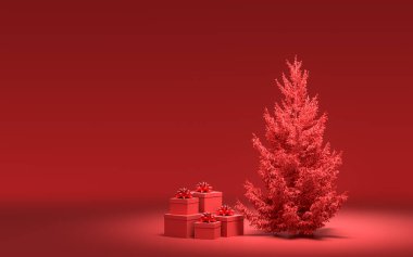 Yerde hediye kutuları ve kırmızı odada tek renkli tek renk, koyu kırmızı renk, 3D renkte, noel arifesi oda dekorasyonu ve fotokopi alanı.