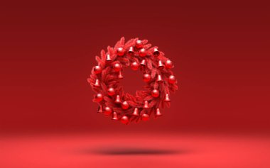 Kırmızı kapılar asılı, kırmızı arka planda noel çelengi, 3 boyutlu şekil, Noel süslemesi, yeni yıl davetiyesi