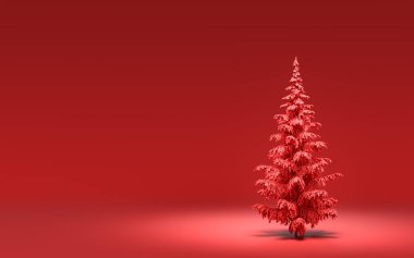 Kırmızı arkaplanlı tek renk, tek renk, koyu kırmızı arkaplanlı tek Noel ağacı, 3 boyutlu, noel arifesi oda dekorasyonu ve fotokopi alanı