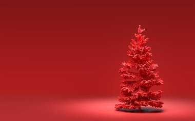 Kırmızı arkaplanlı tek renk, tek renk, koyu kırmızı arkaplanlı tek Noel ağacı, 3 boyutlu, noel arifesi oda dekorasyonu ve fotokopi alanı
