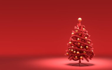 Kırmızı arkaplanlı tek renk, tek renk, koyu kırmızı arkaplanlı tek Noel ağacı, 3 boyutlu, noel arifesi oda dekorasyonu ve fotokopi alanı