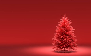 Kırmızı arkaplanlı tek renk, tek renk, koyu kırmızı arkaplanlı tek Noel ağacı, 3 boyutlu, noel arifesi oda dekorasyonu ve fotokopi alanı
