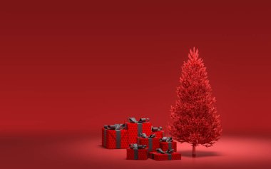 Yerde hediye kutuları ve kırmızı odada tek renkli tek renk, koyu kırmızı renk, 3D renkte, noel arifesi oda dekorasyonu ve fotokopi alanı.