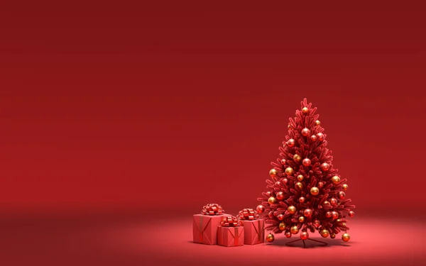 Yerde hediye kutuları ve kırmızı odada tek renkli tek renk, koyu kırmızı renk, 3D renkte, noel arifesi oda dekorasyonu ve fotokopi alanı.