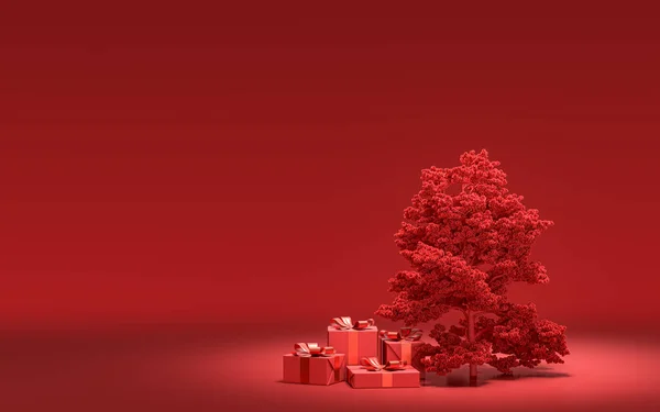 Yerde Hediye Kutuları Kırmızı Odada Tek Renkli Tek Renk Koyu — Stok fotoğraf
