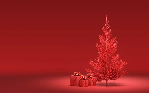 Cajas Regalo Suelo Solo Árbol Navidad Con Monocromo Color Rojo —  Fotos de Stock