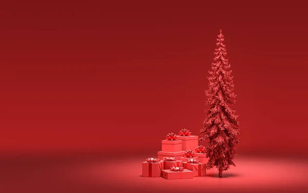 地面上的礼品盒和红色房间中的单色固体红色圣诞树 3D渲染 带有复制空间的圣诞前厅装饰 — 图库照片