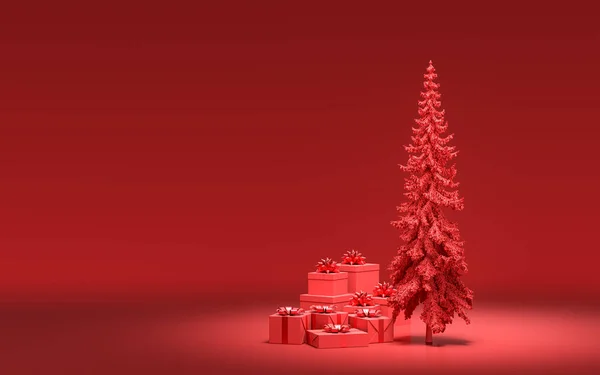 Gift Boxes Ground Single Christmas Tree Monochrome Solid Red Color — Stock Photo, Image