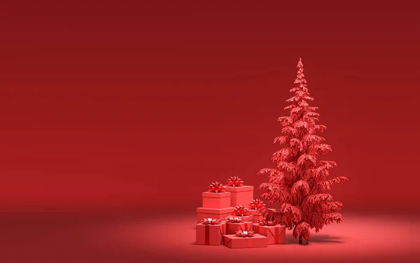 Cajas Regalo Suelo Solo Árbol Navidad Con Monocromo Color Rojo —  Fotos de Stock