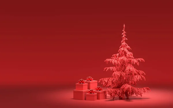 Κουτιά Δώρων Στο Έδαφος Και Ενιαίο Χριστουγεννιάτικο Δέντρο Μονόχρωμο Στερεό — Φωτογραφία Αρχείου