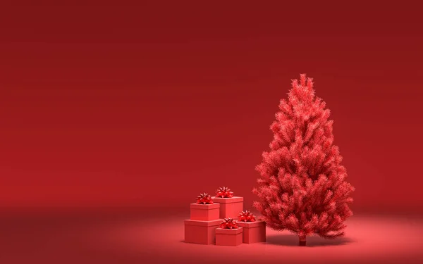 Dárkové Krabice Zemi Jednolůžkový Vánoční Stromeček Monochromní Pevnou Červenou Barvou — Stock fotografie