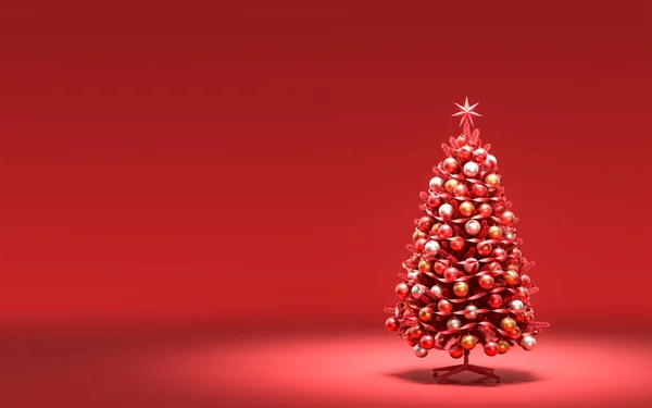 单棵圣诞树 无饰物 单色固体红色底色 3D渲染 圣诞前厅装饰 有复制空间 — 图库照片