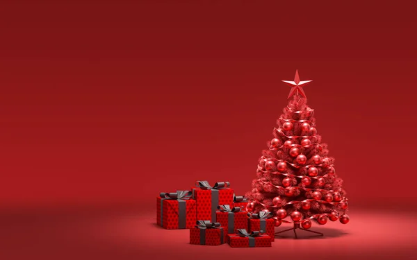Cajas Regalo Suelo Solo Árbol Navidad Con Monocromo Color Rojo —  Fotos de Stock