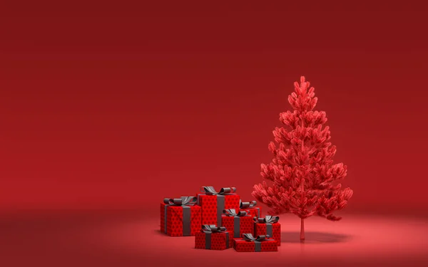 地面にギフトボックスと赤い部屋 3Dレンダリング コピースペースとクリスマスの前夜の部屋の装飾でモノクロームソリッドレッドのクリスマスツリー — ストック写真