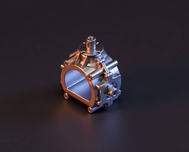 Makine ve otomotiv endüstrisinde makinenin parlak metal yedek mekanik parçası, 3D işlemeli, paslanmaz çelik izole edilmiş makine parçası,