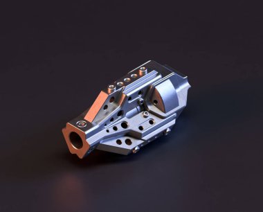 Makine ve otomotiv endüstrisinde makinenin parlak metal yedek mekanik parçası, 3D işlemeli, paslanmaz çelik izole edilmiş makine parçası,
