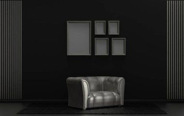 Duvarında beş çerçeve olan düz renk iç mekan, tek renk siyah ve metalik gümüş renkli galeri duvarı, tek sandalyeli, bitkisiz. 3B görüntüleme, poster vitrini