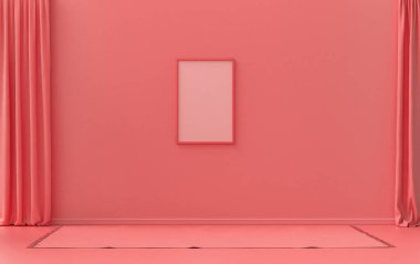 Tek Kare Galeri Duvarı açık pembe, turuncu renkli tek renkli, mobilyasız, boş, 3 boyutlu, poster modelleme odası.