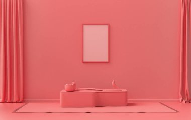 Tek Kare Galeri Duvarı açık pembe, pembe turuncu renkli tek renkli düz oda. Orta koltuklu puf çiçekli, 3D rengarenk, poster modelleme odası.