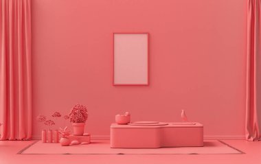 Tek Kare Galeri Duvarı açık pembe, turuncu renkli tek renkli düz oda, tek sandalye ve bitkiler, 3D Renklendirme, poster odası