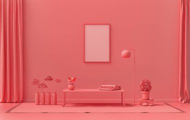 Tek Kare Galeri Duvarı açık pembe, pembe turuncu renkli tek renkli, mobilya ve bitkilerle donatılmış, 3 boyutlu, poster modelleme odası.