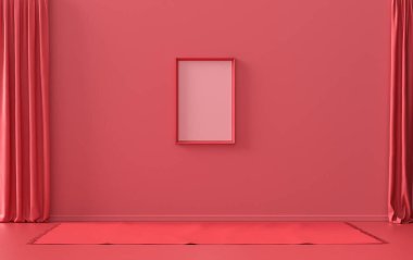 Tek Çerçeve Galerisi Duvarı koyu kırmızı, kestane rengi tek renkli, mobilyasız düz oda ve boş, 3D Renklendirme, poster modeli odası