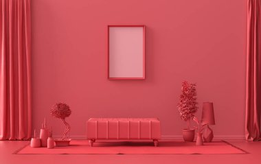 Tek Çerçeve Galerisi Duvarı koyu kırmızı, kestane rengi tek renkli, mobilya ve bitkilerle donatılmış düz oda, 3D Renklendirme, poster odası