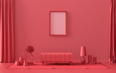 Tek Çerçeve Galerisi Duvarı koyu kırmızı, kestane rengi tek renkli, mobilya ve bitkilerle donatılmış düz oda, 3D Renklendirme, poster odası