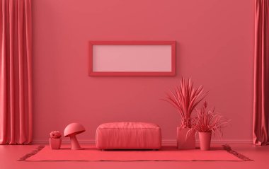 Tek Çerçeve Galerisi Duvarı koyu kırmızı, kestane rengi tek renkli, mobilya ve bitkilerle donatılmış düz oda, 3D Renklendirme, poster odası