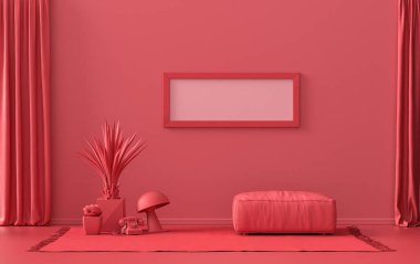 Tek Çerçeve Galerisi Duvarı koyu kırmızı, kestane rengi tek renkli, mobilya ve bitkilerle donatılmış düz oda, 3D Renklendirme, poster odası