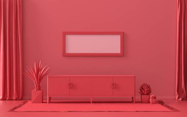 Tek bir Çerçeve Galerisi Duvarı koyu kırmızı, kestane rengi tek renkli düz oda, tek sandalye ve bitkilerle, 3D Renklendirme, poster odası