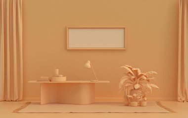 Tek Kare Galeri Duvarı turuncu pembemsi tek renkli tek renkli oda ofis masası ve bitkiler, 3D Renklendirme, poster modeli odası