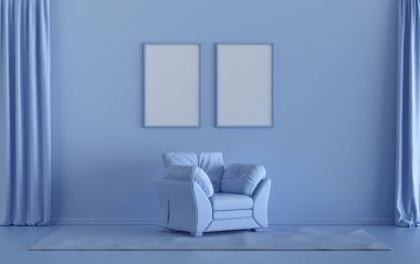 Çift Çerçeve Galerisi Duvarı açık mavi tek renkli düz oda, tek sandalyeli, bitkisiz, 3 boyutlu, poster modelleme odası