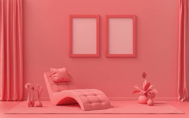 Çift Çerçeve Galerisi Duvarı açık pembe, pembe turuncu renkli tek renkli düz oda meditasyon yatağı ve bitkileri, 3D Renklendirme, poster odası